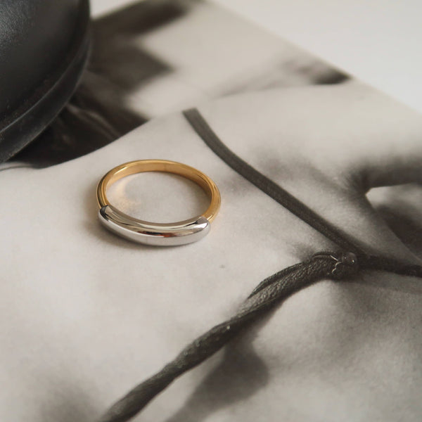 18K Gold Silver Band Ring; Double Color Chain Ring