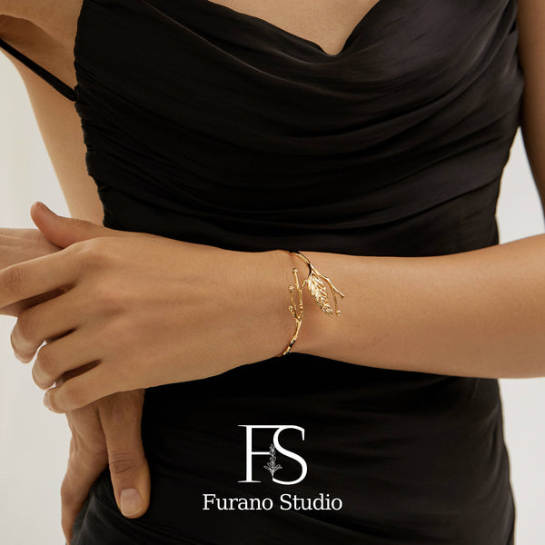 18K Gold Plated Leaf Bracelet, Open Adjustable Bangle