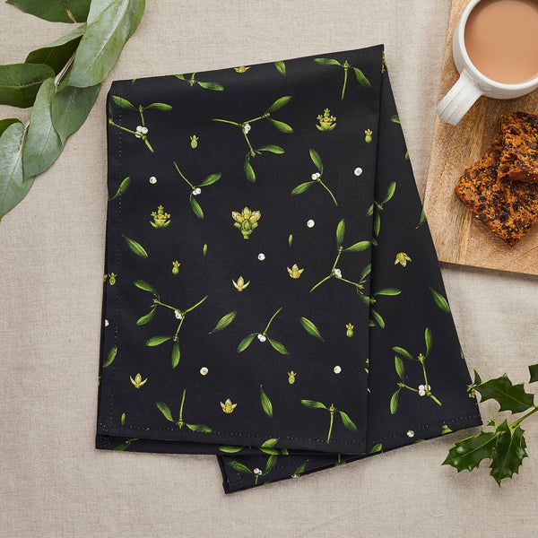 Mistletoe - Christmas Tea Towel - Black