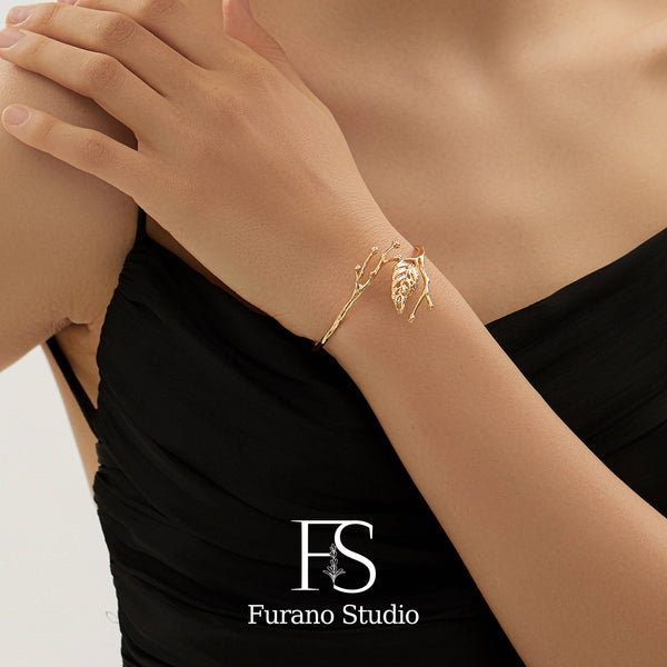 18K Gold Plated Leaf Bracelet, Open Adjustable Bangle