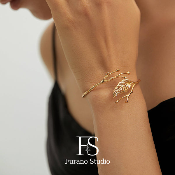 18K Gold Plated Leaf Bracelet, Open Adjustable Bangle