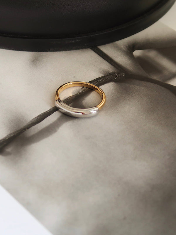 18K Gold Silver Band Ring; Double Color Chain Ring