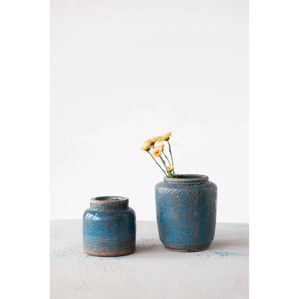 Tabletop Debossed Terra-cotta Vase, Distressed Blue Finish