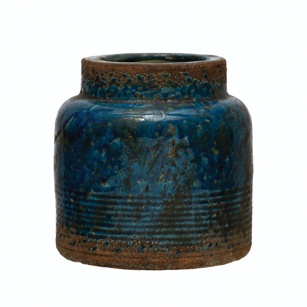 Tabletop Debossed Terra-cotta Vase, Distressed Blue Finish