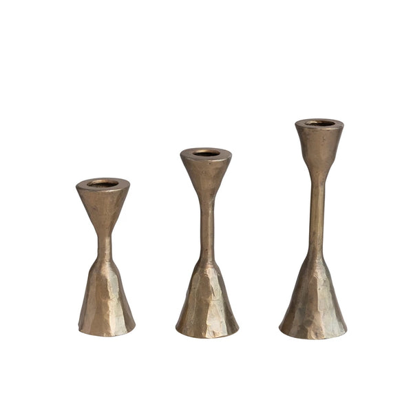 Hand-Forged Short Iron Candle Holders, Antique Brass Finish
