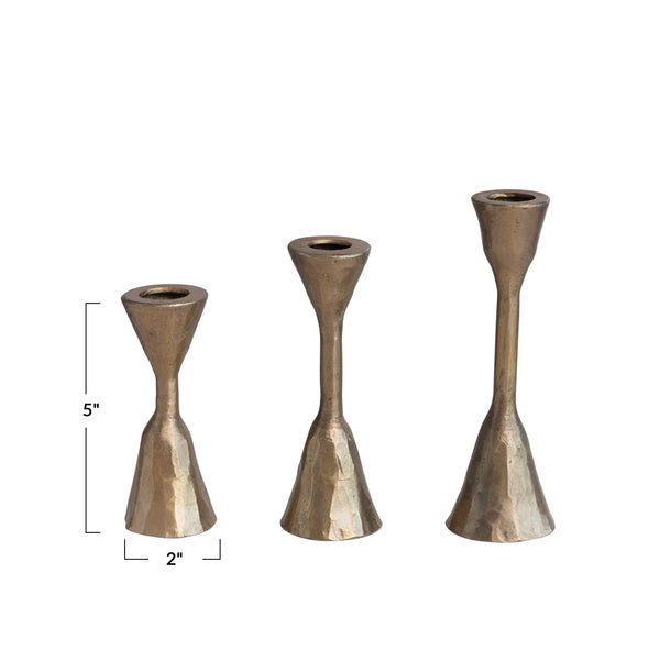 Hand-Forged Short Iron Candle Holders, Antique Brass Finish