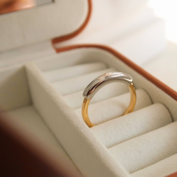 18K Gold Silver Band Ring; Double Color Chain Ring