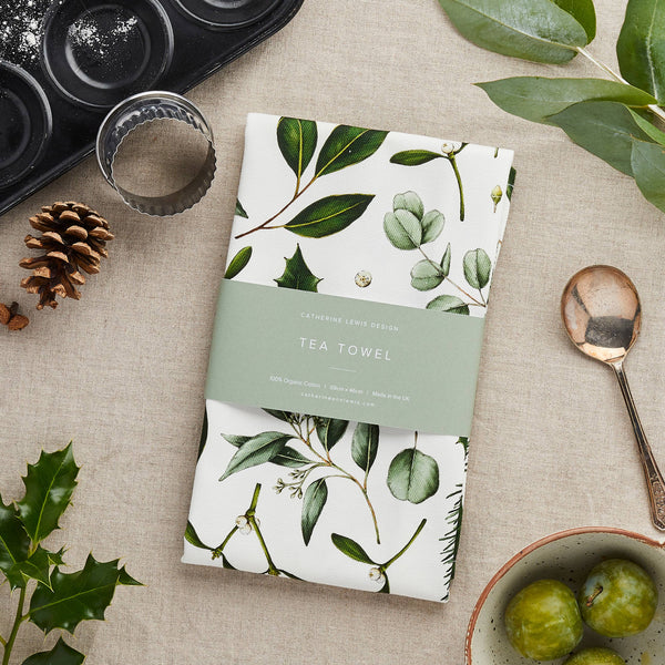 Greenery - Christmas Tea Towel - White