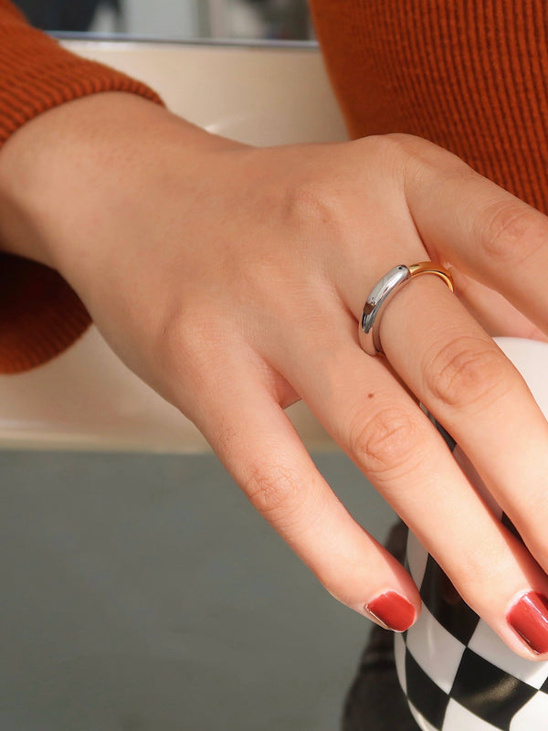 18K Gold Silver Band Ring; Double Color Chain Ring