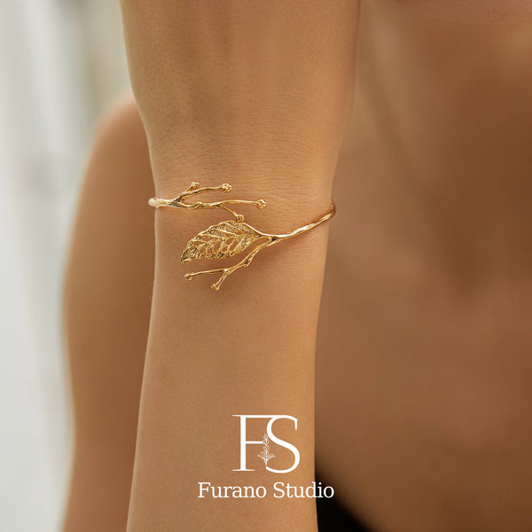 18K Gold Plated Leaf Bracelet, Open Adjustable Bangle