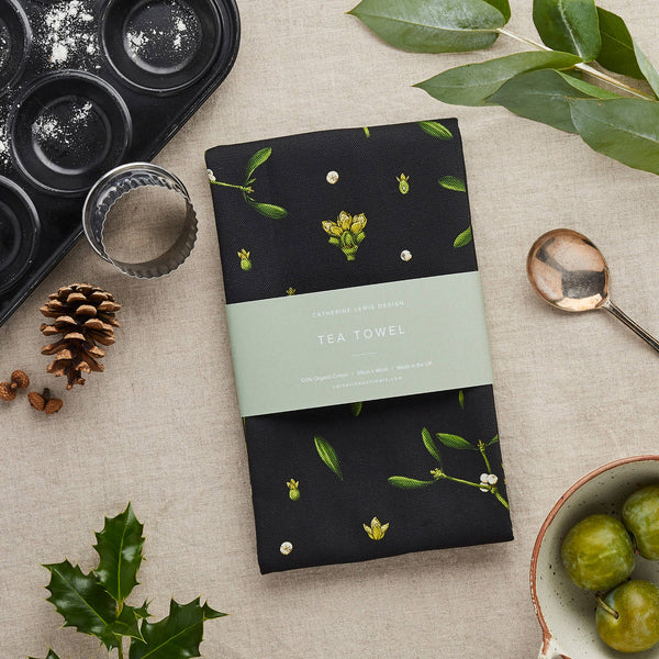 Mistletoe - Christmas Tea Towel - Black